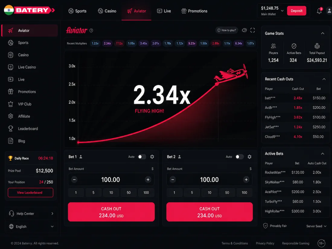 Battery Bet Aviator game interface screenshot